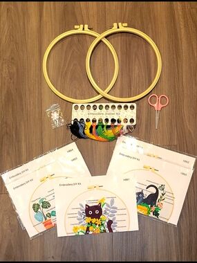 Cats Embroidery Starter Kit for Kids - Yellow Hoop, Multi-Color Threads